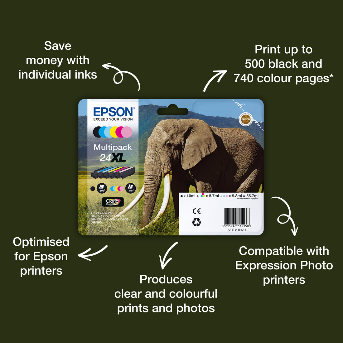 Epson Elephant 24XL Claria Photo HD Single Black Ink