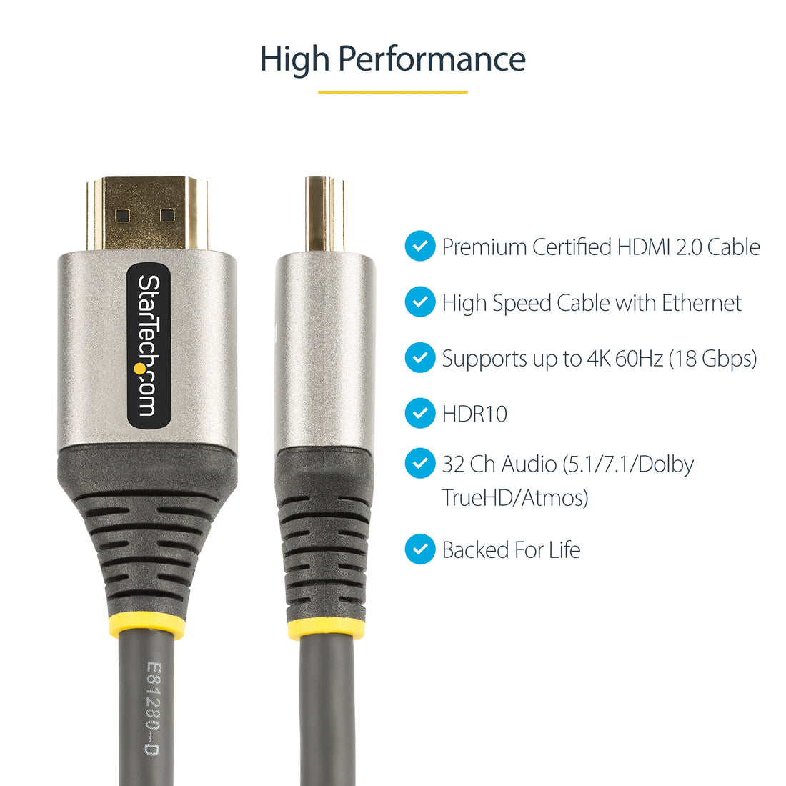 StarTech.com 10ft (3m) Premium Certified HDMI 2.0 Cable - High Speed Ultra HD 4K 60Hz HDMI Cable with Ethernet - HDR10, ARC - TPE Jacket - UHD HDMI Video Cord - For UHD Monitors, TVs, Displays - M/M
