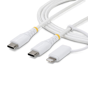 StarTech.com 2m (6ft) 2-in-1 Rugged USB-C Charging Cable with Lightning Adapter, 30W/60W (3A), Apple MFi Certified, Braided USB C Charger Cord for iPhone/iPad/Android