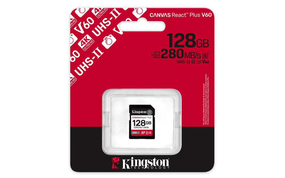 Kingston Technology 128GB Canvas React Plus SDXC UHS-II 280R/100W U3 V60 for Full HD/4K