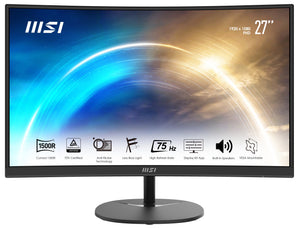 MSI Pro MP271C 27 Inch Curved Monitor, 1500R, Full HD (1920 x 1080), 75Hz, VA, 4ms, FreeSync, HDMI, VGA, Built-in Speakers, Anti-Glare, Anti-Flicker, Less Blue light, TÜV Certified, VESA, Kensington, Black