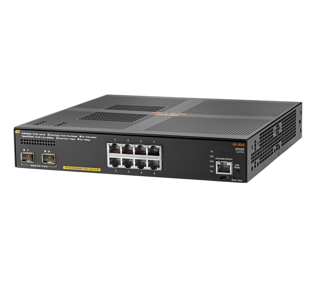 HPE Aruba Networking Aruba 2930F 8G PoE+ 2SFP+ TAA Managed L3 Gigabit Ethernet (10/100/1000) Power over Ethernet (PoE) 1U Grey