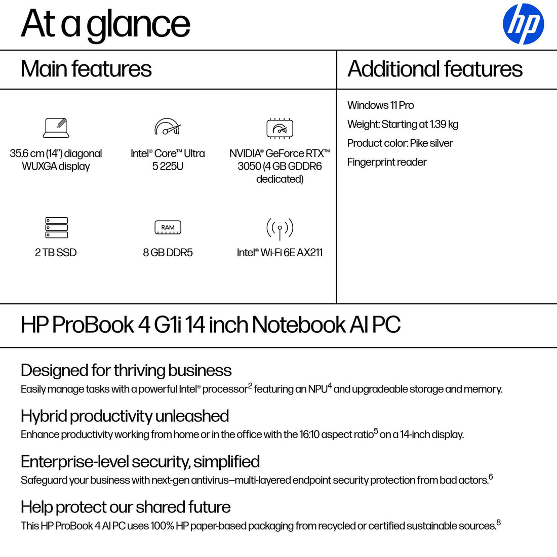 HP ProBook 4 G1i AI Intel Core Ultra 5 225U Laptop 35.6 cm (14") WUXGA 8 GB DDR5-SDRAM 256 GB SSD Wi-Fi 6E (802.11ax) Windows 11 Pro AI PC Silver