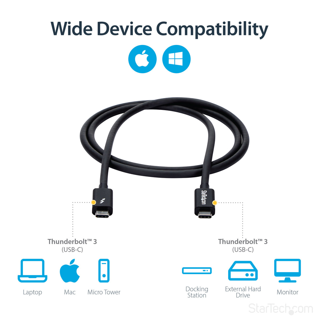 StarTech.com 3.3ft (1m) Thunderbolt 3 Cable, 20Gbps, 100W PD, 4K, Thunderbolt Certified, Compatible with Thunderbolt 4/USB 3.2/DisplayPort