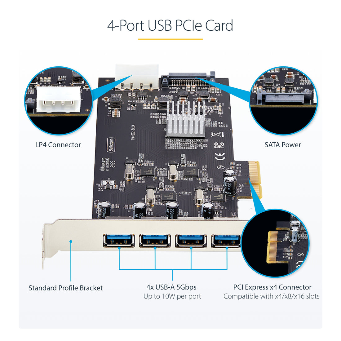 StarTech.com 4-Port USB PCIe Card, USB 3.2 5Gbps, PCI Express Expansion Card with 4x Independent USB Controllers, 4x USB-A Ports, Windows/Linux