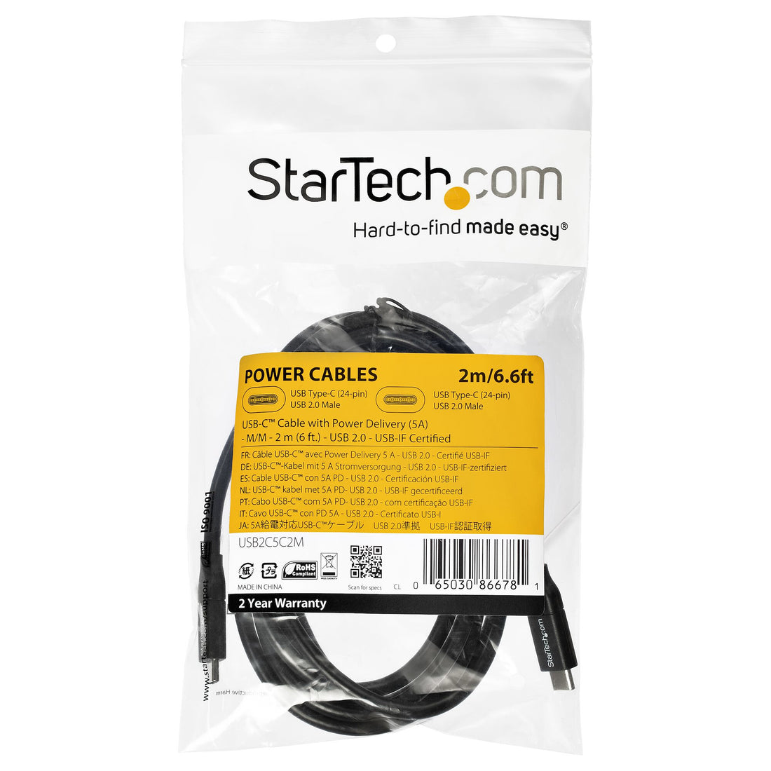 StarTech.com 6.6ft (2m) USB-C Fast Charging Cable, Charge & Sync, 100W (5A) PD, USB 2.0, USB-IF Certified - Black USB C Charging Cord
