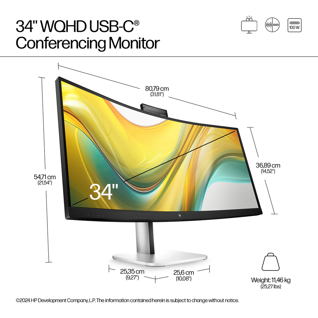 HP Series 5 Pro 34 inch WQHD USB-C Conferencing Monitor - 534pm PVC Free