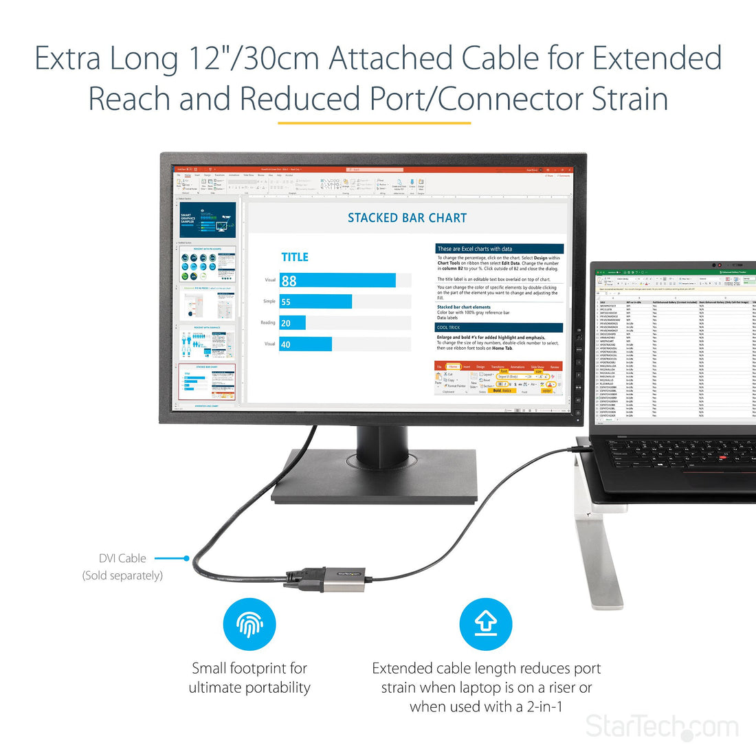 StarTech.com USB C to DVI Adapter - 1920x1200p USB-C to DVI-D Adapter Dongle - USB Type C to DVI Display/Monitor - Video Converter - Thunderbolt 3 Compatible - 12" Long Attached Cable - Upgraded Version of CDP2DVI