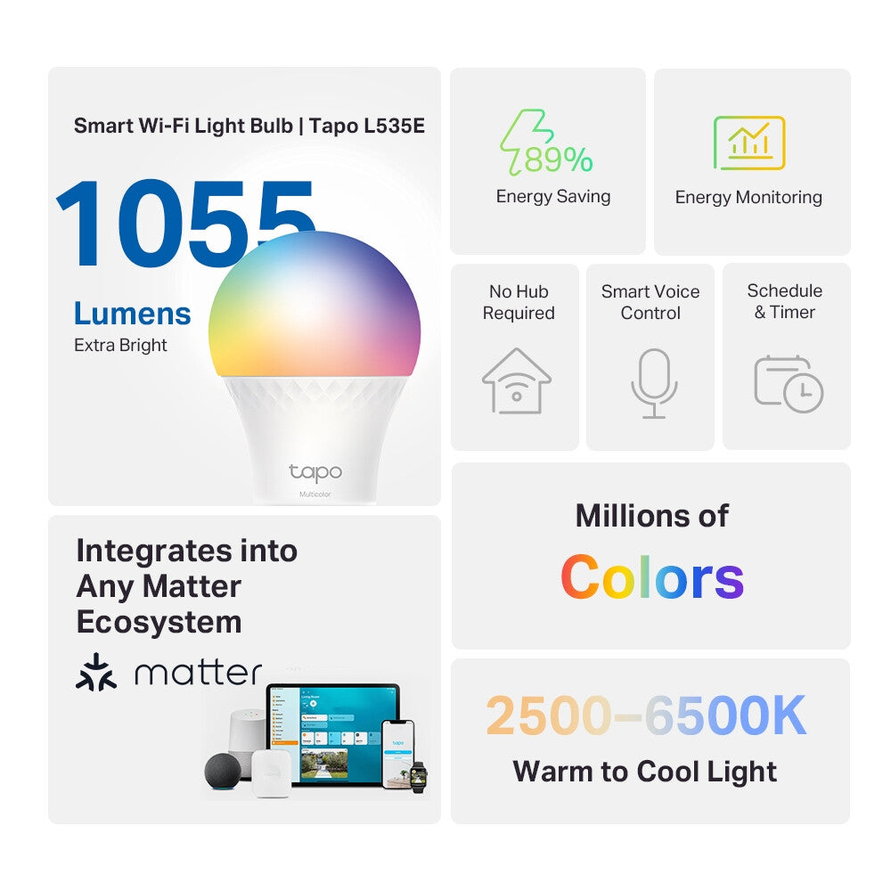 TP-Link Tapo Smart Light Bulb, Multicolor,Matter