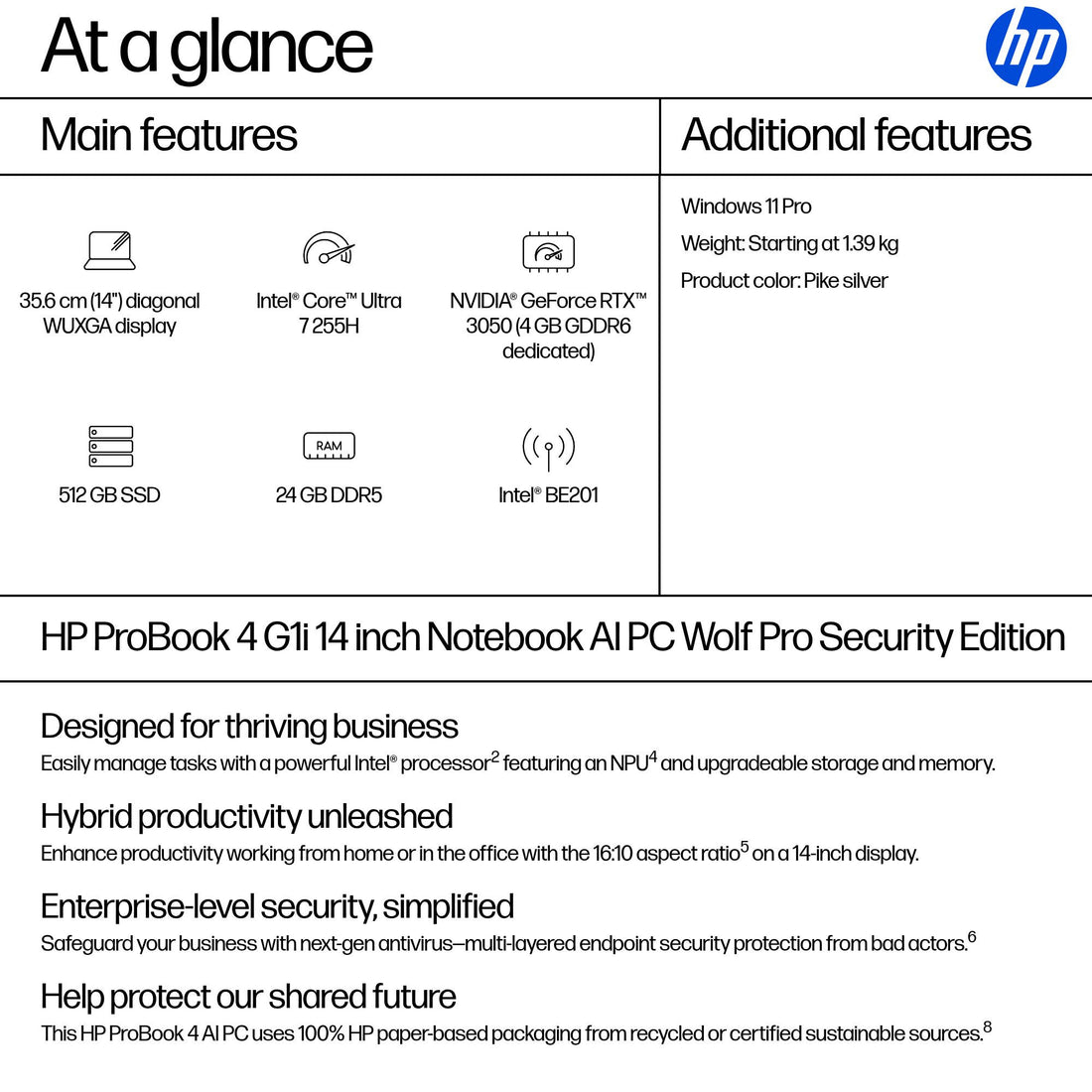 HP ProBook 4 G1i 14 AI PC AI PC Wolf Pro Security Edition Intel Core Ultra 7 255H Laptop 35.6 cm (14") WUXGA 24 GB DDR5-SDRAM 512 GB SSD Wi-Fi 7 (802.11be) Windows 11 Pro Silver