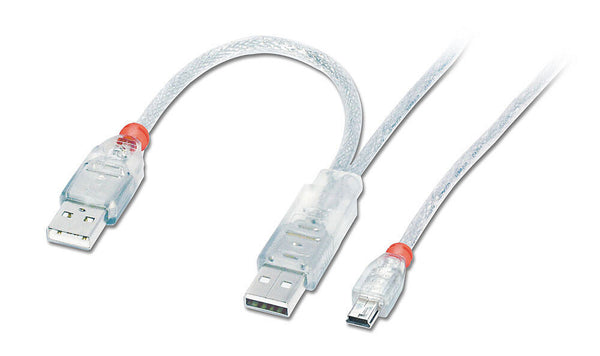Lindy 2m USB 2.0 Dual Power Cable - 2 x Type A (20cm apart) to Mini-B